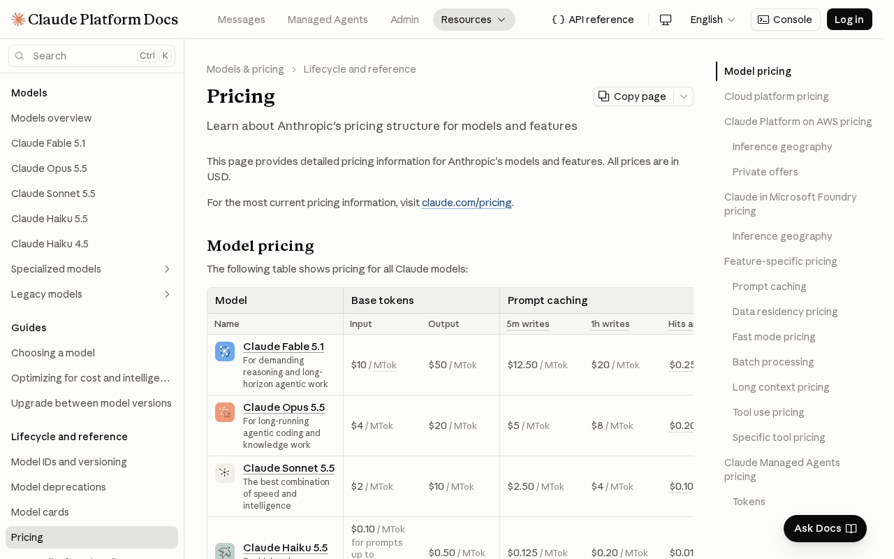 Claude Platform Docs pricing page with the model pricing table showing Claude Sonnet 5.5 at $2 per MTok input, $10 output, $2.50 for 5-minute writes, $4 for 1-hour writes and $0.10 cache hits