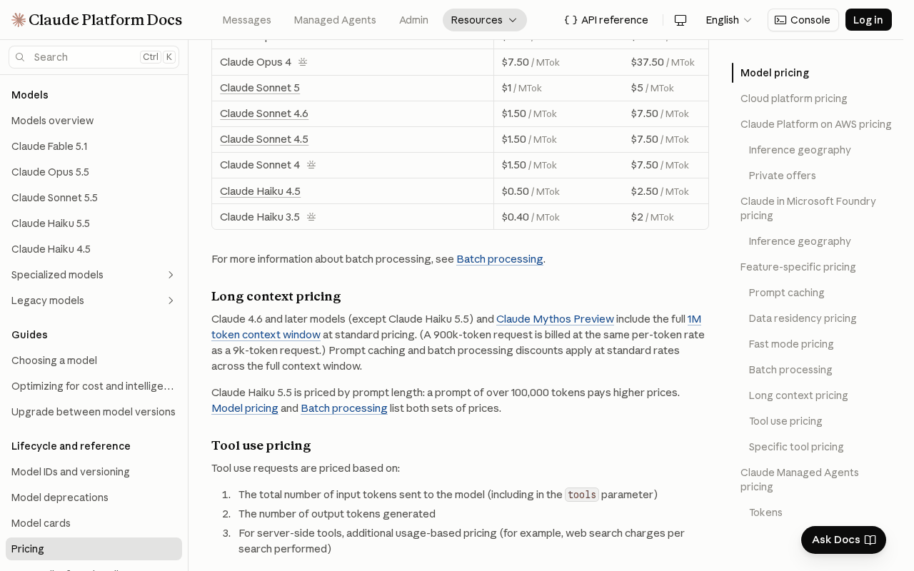 Claude Platform Docs long context pricing section stating that a 900k-token request is billed at the same per-token rate as a 9k-token request, and that Claude Haiku 5.5 is priced by prompt length