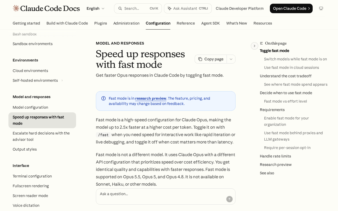 Claude Code Docs page titled Speed up responses with fast mode, with a research preview notice and text saying fast mode is not a different model and makes Claude Opus up to 2.5x faster for rapid iteration or live debugging