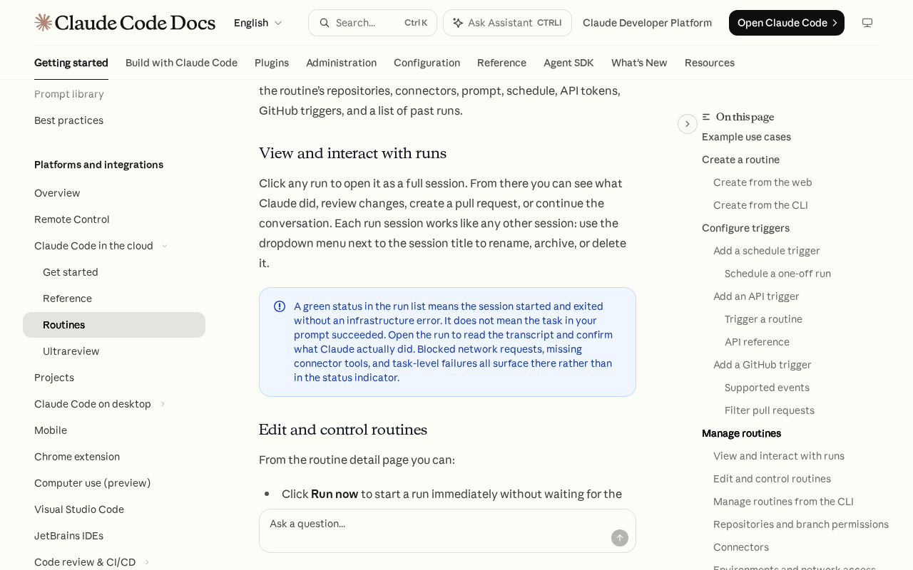 Screenshot of the Claude Code routines documentation showing a callout that a green status means the session started and exited without an infrastructure error and does not mean the task in your prompt succeeded