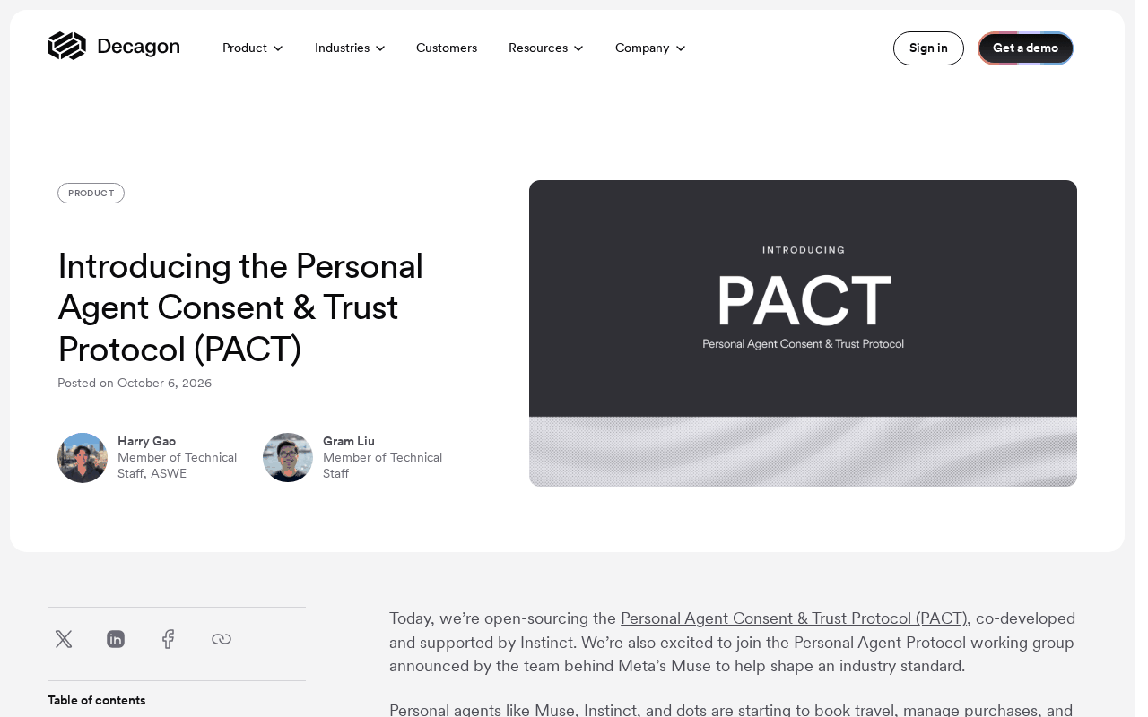 Decagon blog post header titled Introducing the Personal Agent Consent and Trust Protocol (PACT), posted on October 6, 2026 by Harry Gao and Gram Liu, with an opening paragraph saying Decagon is open-sourcing PACT co-developed and supported by Instinct and joining the Personal Agent Protocol working group