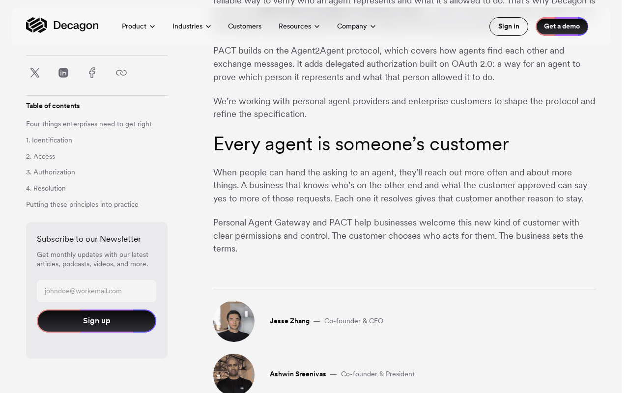 Decagon post passage explaining that PACT builds on the Agent2Agent protocol and adds delegated authorization built on OAuth 2.0, followed by a section headed Every agent is someone’s customer that ends: The customer chooses who acts for them. The business sets the terms.