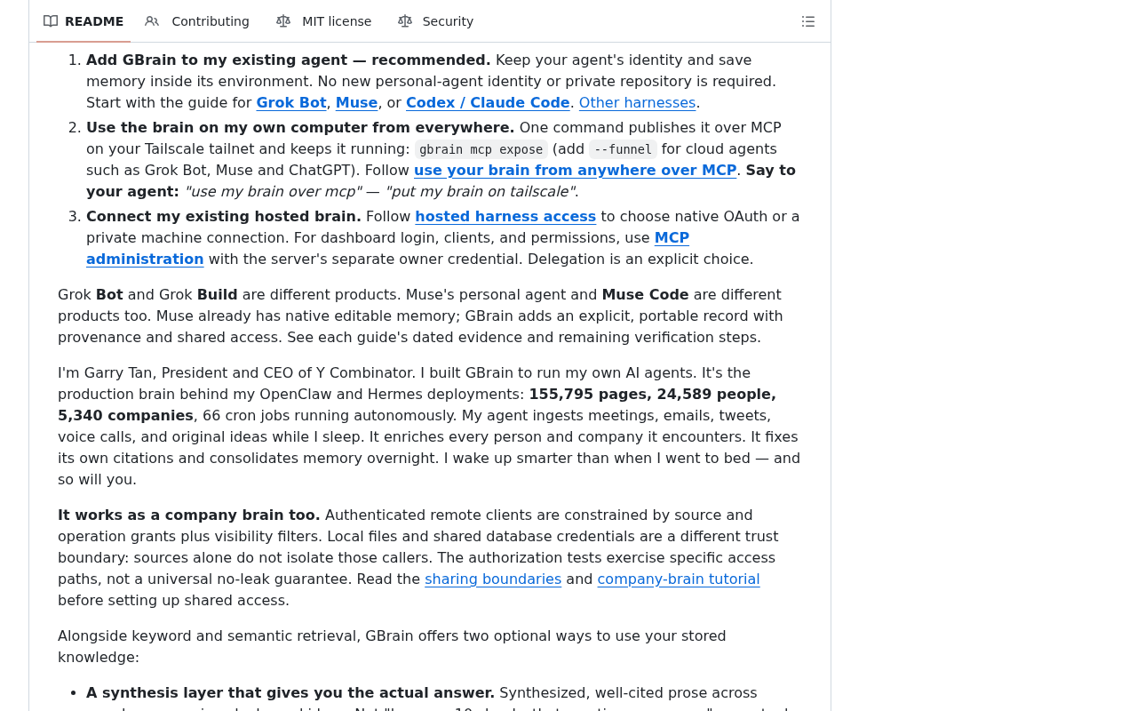 Screenshot of the GBrain README on GitHub, showing Garry Tan’s paragraph about his deployment with 155,795 pages, 24,589 people, 5,340 companies and 66 cron jobs running autonomously