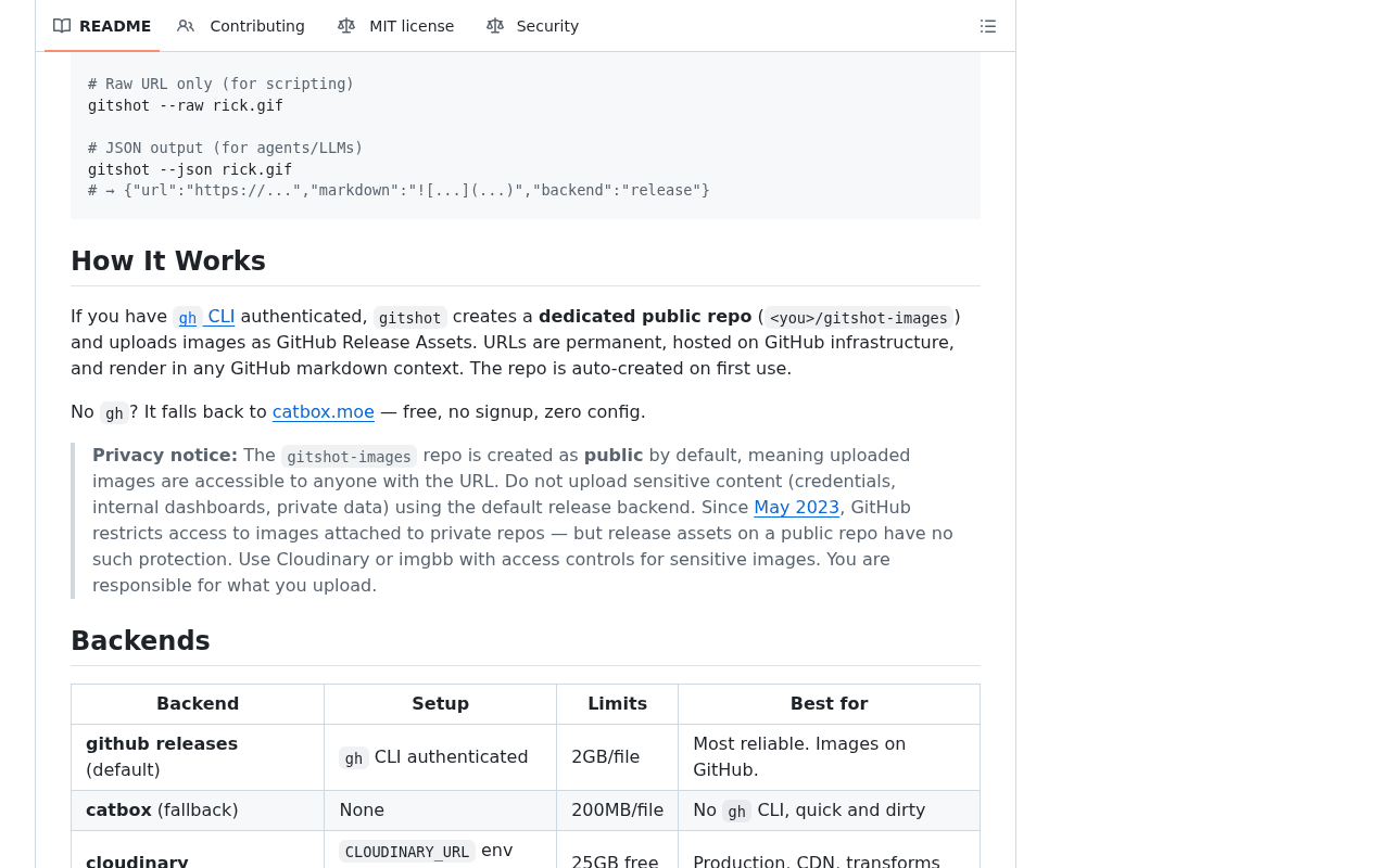 gitshot README How It Works section describing a dedicated public repo for uploaded images, a catbox.moe fallback, and a privacy notice that the gitshot-images repo is created as public by default