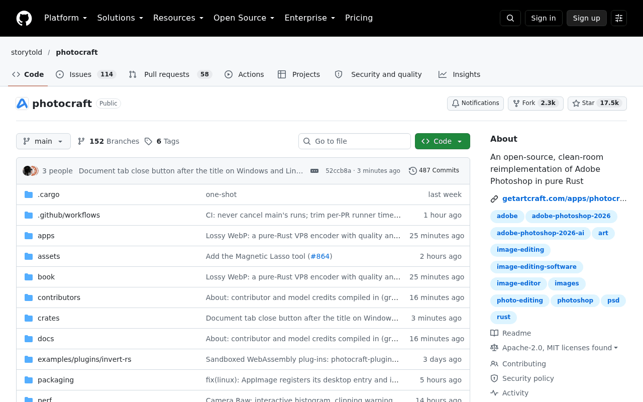 GitHub repository page for storytold/photocraft, described as an open-source, clean-room reimplementation of Adobe Photoshop in pure Rust, showing 17.5k stars, 2.3k forks and Apache-2.0 and MIT licenses
