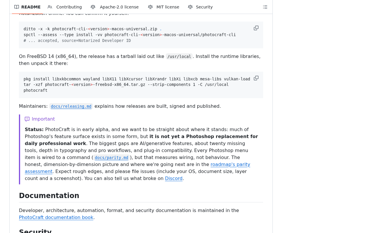 PhotoCraft README status box stating the project is in early alpha, is not yet a Photoshop replacement for daily professional work, lists gaps in generative features, about twenty missing tools, typography and plug-in compatibility, and says menu wiring measures wiring, not behaviour