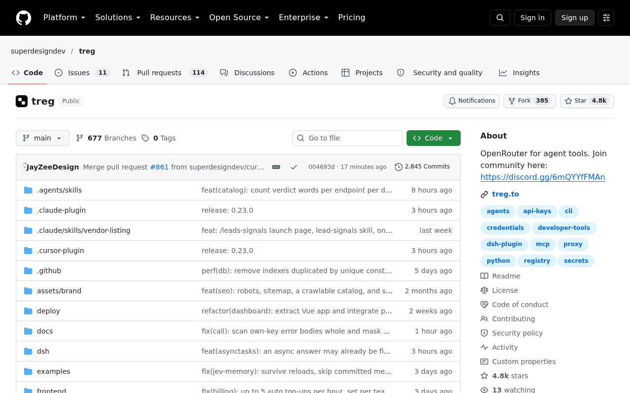 GitHub repository page for superdesigndev/treg, public, about 4.8k stars and 385 forks, with the About panel reading OpenRouter for agent tools, a link to treg.to, and topics including agents, api-keys, cli, credentials, mcp, proxy, registry and secrets