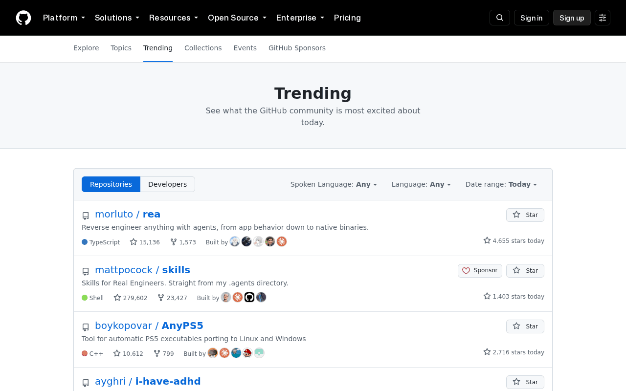 GitHub Trending page for today with morluto/rea at the top, described as reverse engineer anything with agents, showing 15,136 stars, 1,573 forks and 4,655 stars today