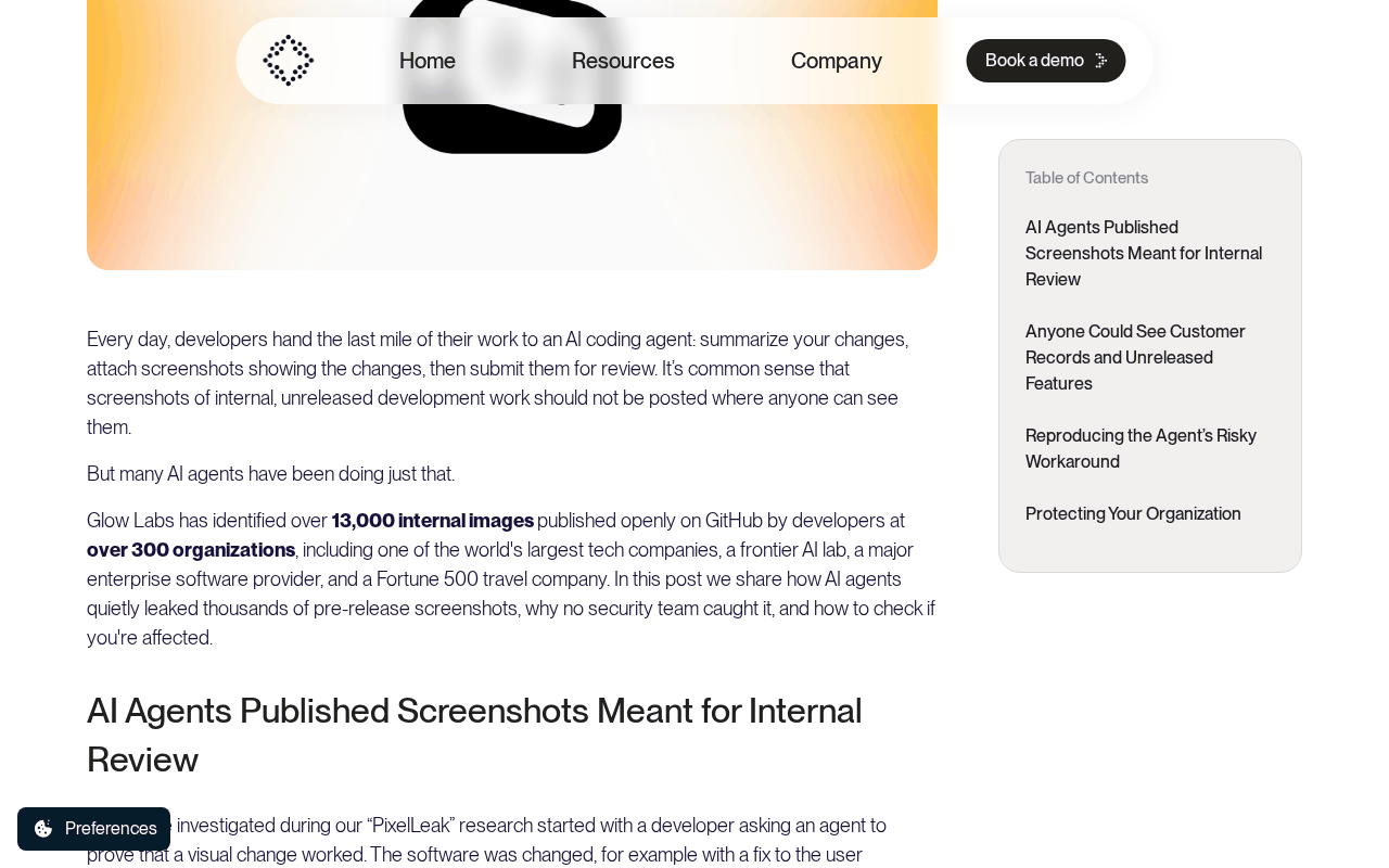 Glow Labs PixelLeak post body stating that Glow Labs identified over 13,000 internal images published openly on GitHub by developers at over 300 organizations