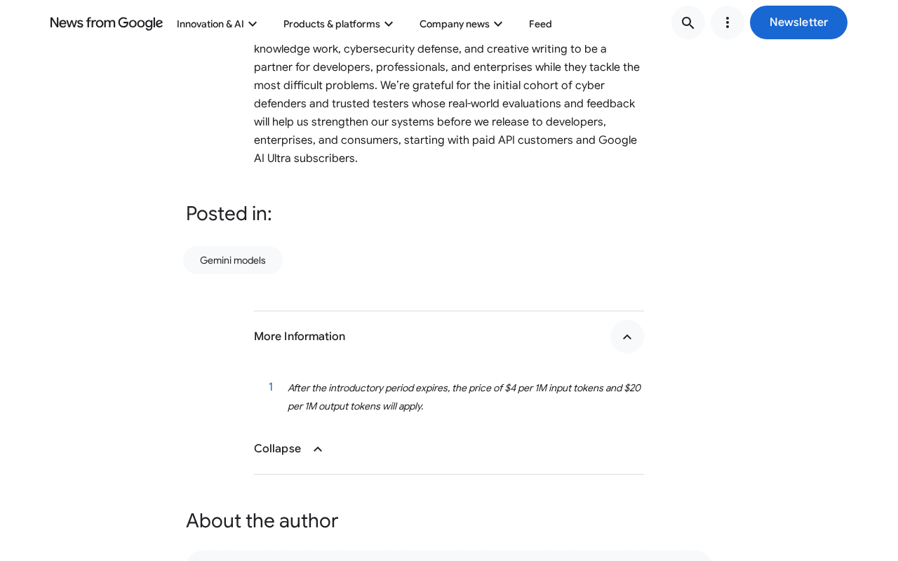 Screenshot of the Gemini 4 Argon launch post on News from Google with the More Information footnotes expanded, showing footnote 1: after the introductory period expires, the price of $4 per 1M input tokens and $20 per 1M output tokens will apply