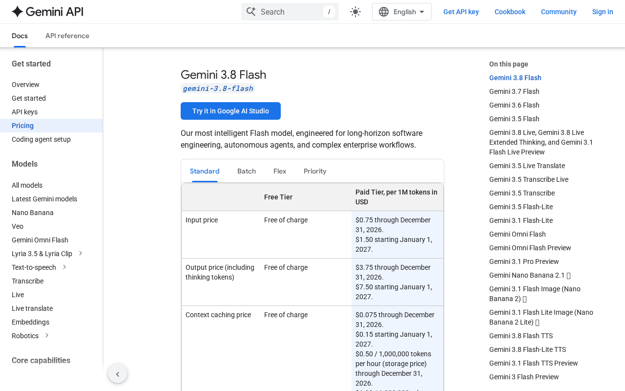 Screenshot of Google’s Gemini API pricing page showing Gemini 3.8 Flash paid-tier prices: input $0.75 through December 31, 2026 and $1.50 starting January 1, 2027; output $3.75 then $7.50; context caching $0.075 then $0.15