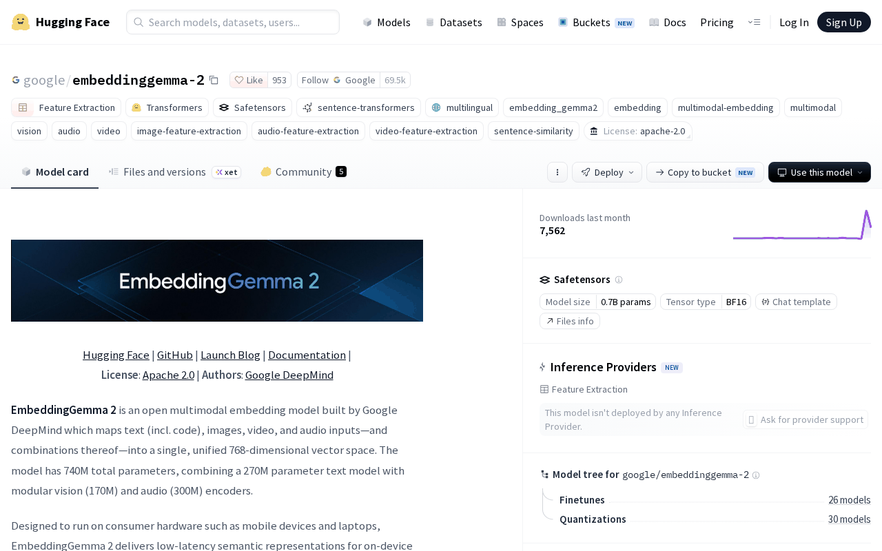 Hugging Face model card for google/embeddinggemma-2 showing the License apache-2.0 tag, 0.7B params in BF16, and the description of a 740M-parameter model combining a 270M text model with 170M vision and 300M audio encoders
