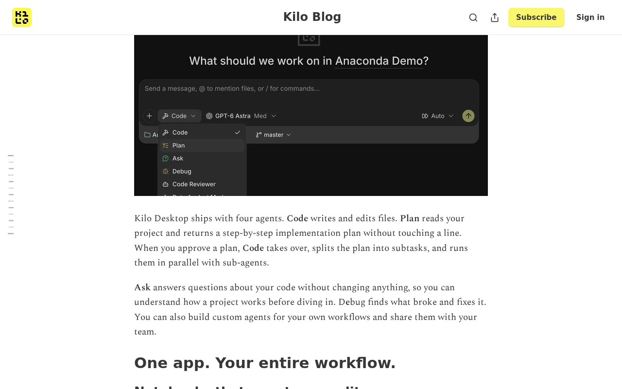 Kilo Desktop prompt box with the agent menu open listing Code, Plan, Ask, Debug and a custom Code Reviewer agent, GPT-6 Astra selected in the model picker and an Auto control, above the post’s paragraph describing the four agents
