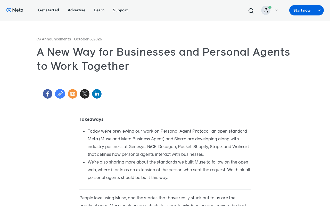Meta for Business announcement dated October 6, 2026, A New Way for Businesses and Personal Agents to Work Together, with takeaways saying Meta is previewing its work on Personal Agent Protocol with Sierra and partners Genesys, NiCE, Decagon, Rocket, Shopify, Stripe and Walmart