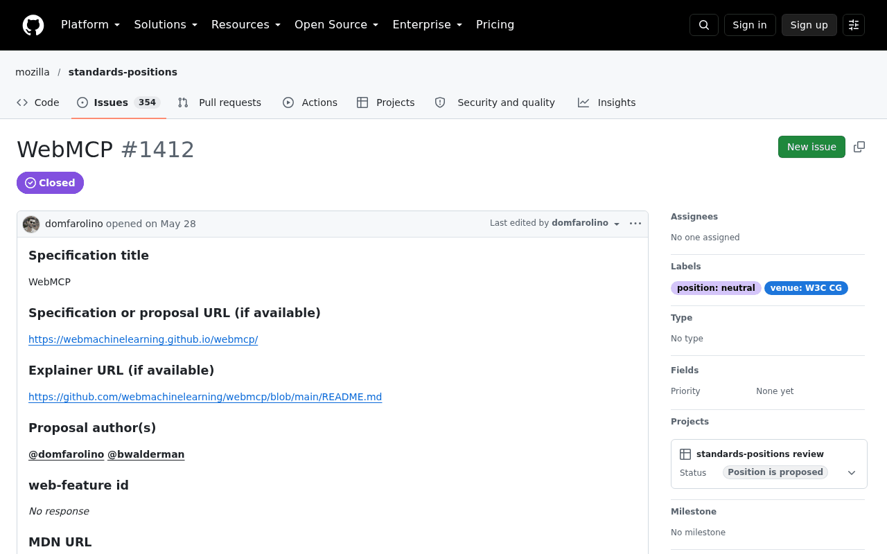 Screenshot of Mozilla standards-positions issue 1412, titled WebMCP, closed, with the labels position: neutral and venue: W3C CG