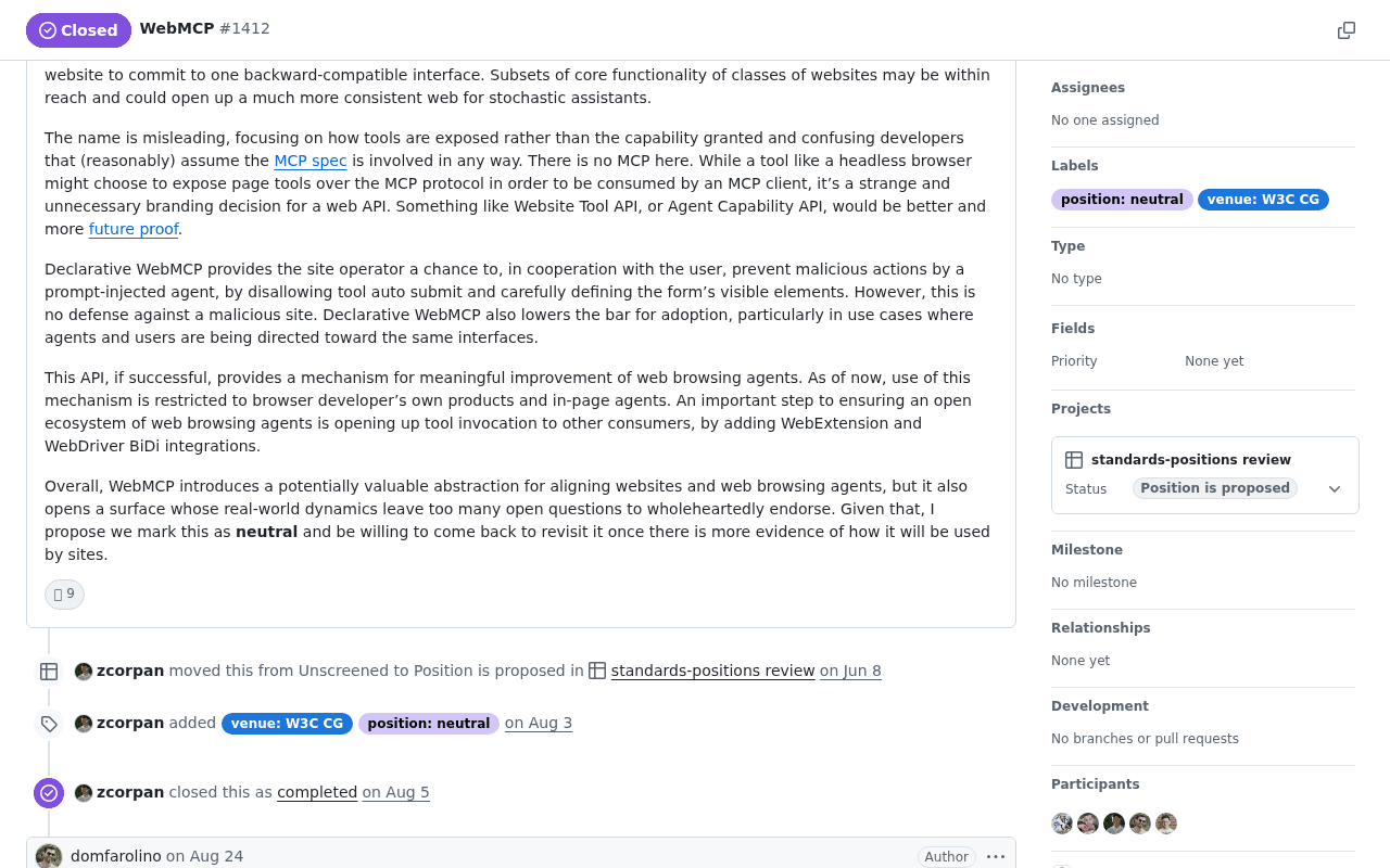 Screenshot of the Mozilla comment proposing neutral, ending that WebMCP opens a surface whose real-world dynamics leave too many open questions to wholeheartedly endorse, with the timeline showing the label added on Aug 3 and the issue closed on Aug 5