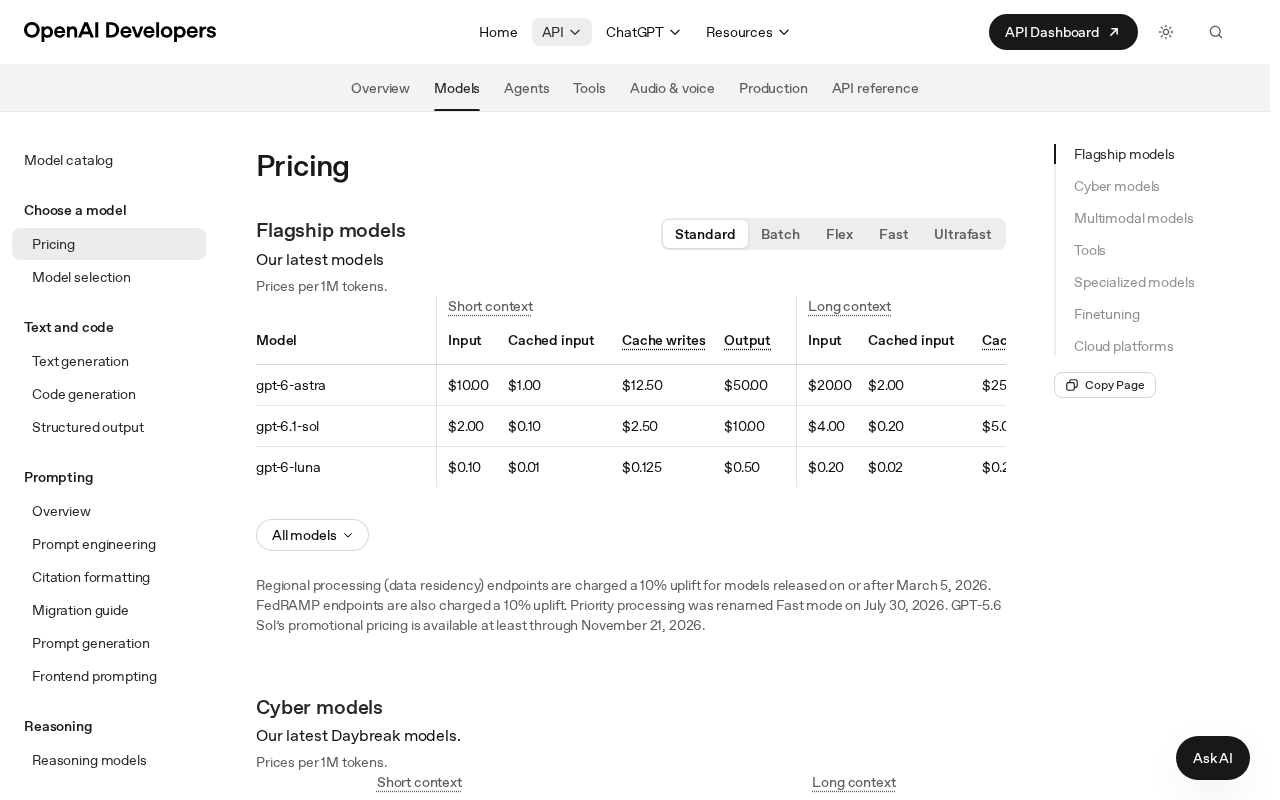 OpenAI Developers pricing page showing the Flagship models table with gpt-6.1-sol at $2.00 input, $0.10 cached input, $2.50 cache writes and $10.00 output for short context, and $4.00 and $0.20 in the long context columns