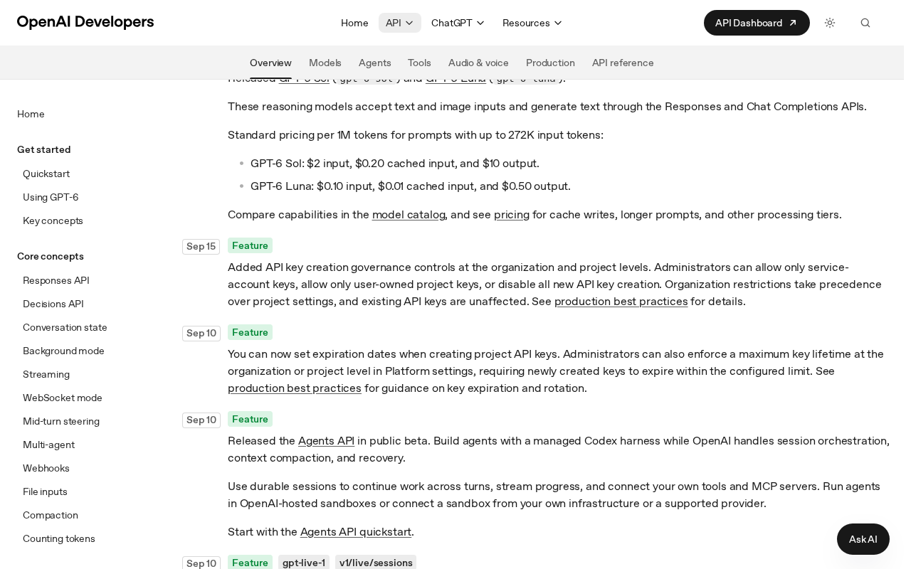 OpenAI Developers changelog showing the Sep 15 entry adding API key creation governance controls and the Sep 10 entry adding expiration dates for project API keys and a maximum key lifetime
