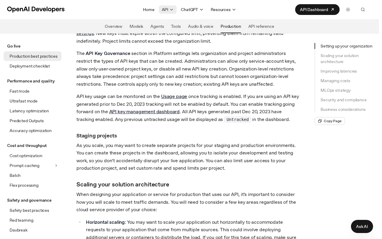 OpenAI production best practices page describing API Key Governance in Platform settings and noting that API keys generated before Dec 20, 2023 do not have usage tracking enabled by default and show as Untracked