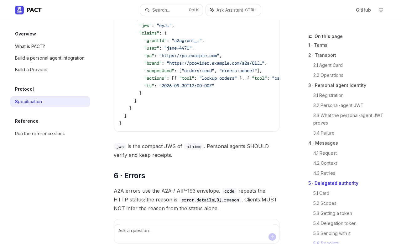 PACT specification page showing a receipt example with claims grantId, user, pa, brand, scopesUsed listing orders:read and orders:cancel, actions and ts, followed by the sentence jws is the compact JWS of claims and personal agents SHOULD verify and keep receipts