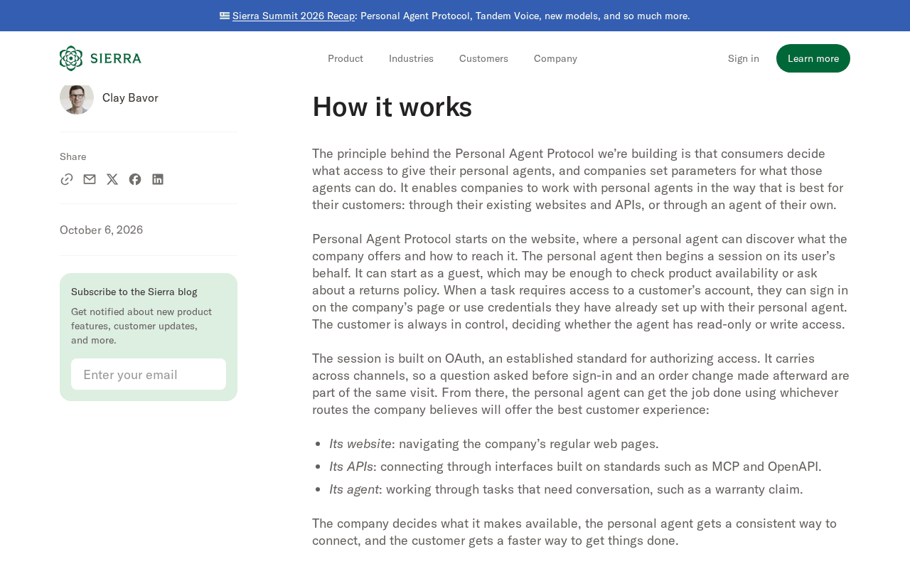 Sierra blog post Introducing Personal Agent Protocol, How it works section: agents start as a guest, customers sign in and choose read-only or write access, the session is built on OAuth, and the three routes are the company’s website, its APIs and its agent