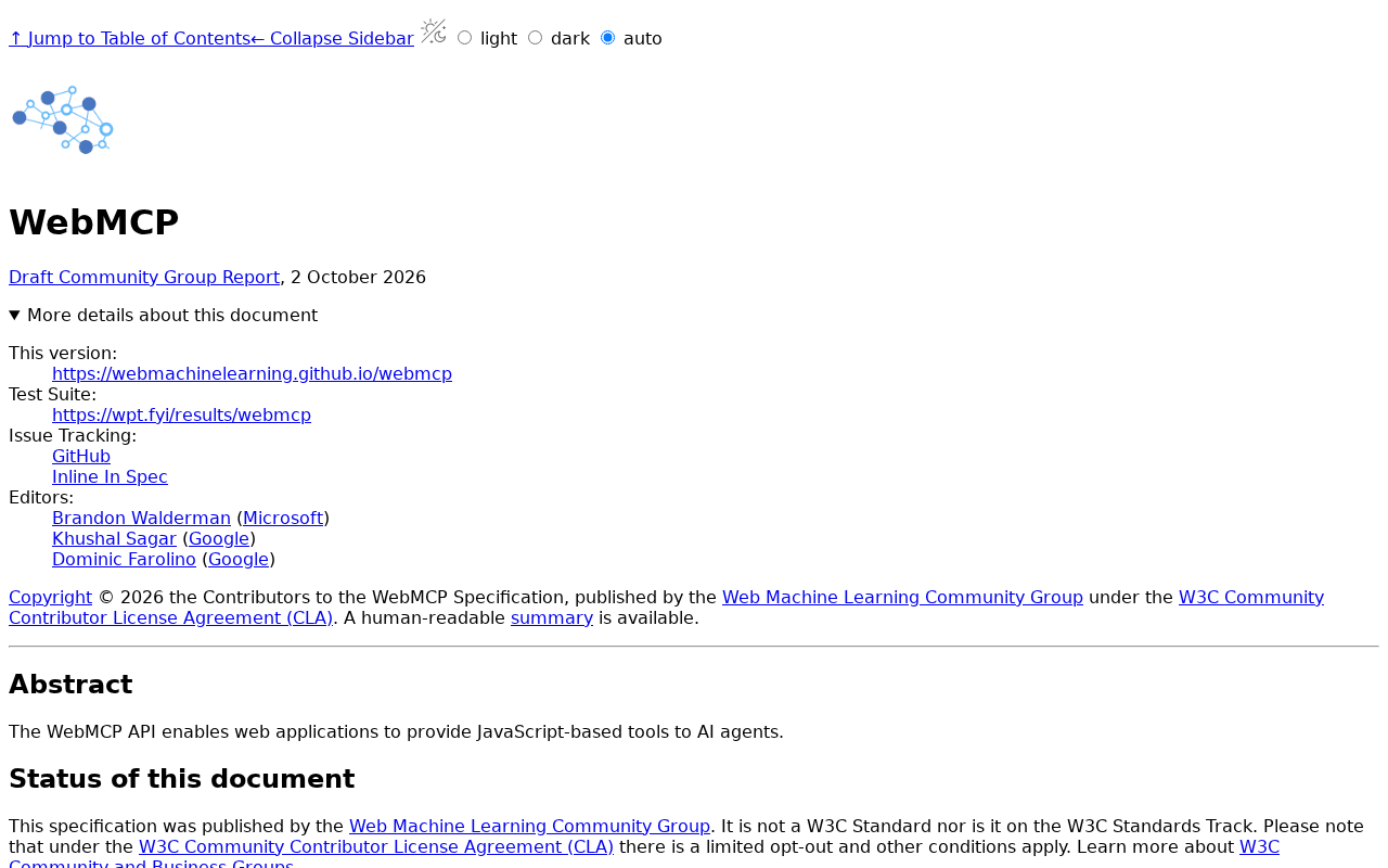 Screenshot of the WebMCP specification header showing Draft Community Group Report, 2 October 2026, the three editors, and the status line saying it is not a W3C Standard
