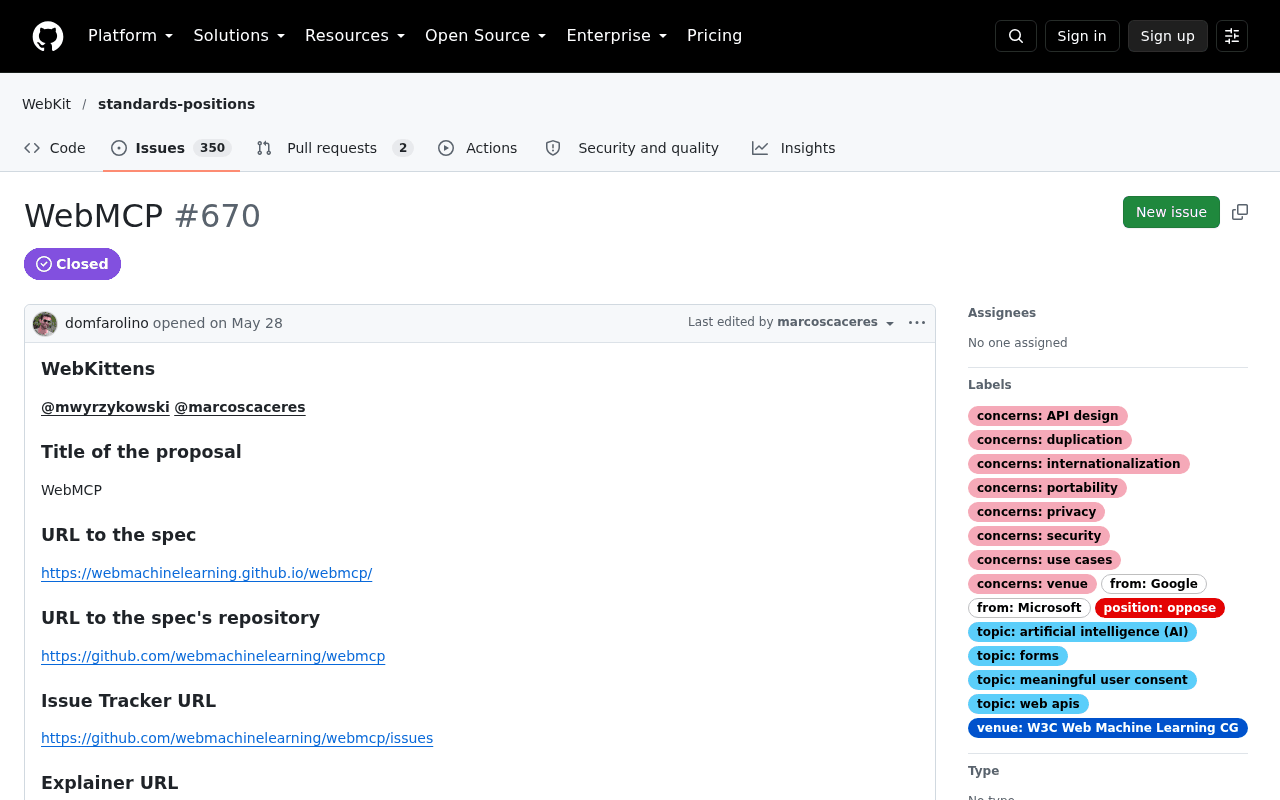 Screenshot of WebKit standards-positions issue 670, titled WebMCP, closed, with labels including concerns about API design, duplication, internationalization, portability, privacy, security, use cases and venue, and the red label position: oppose