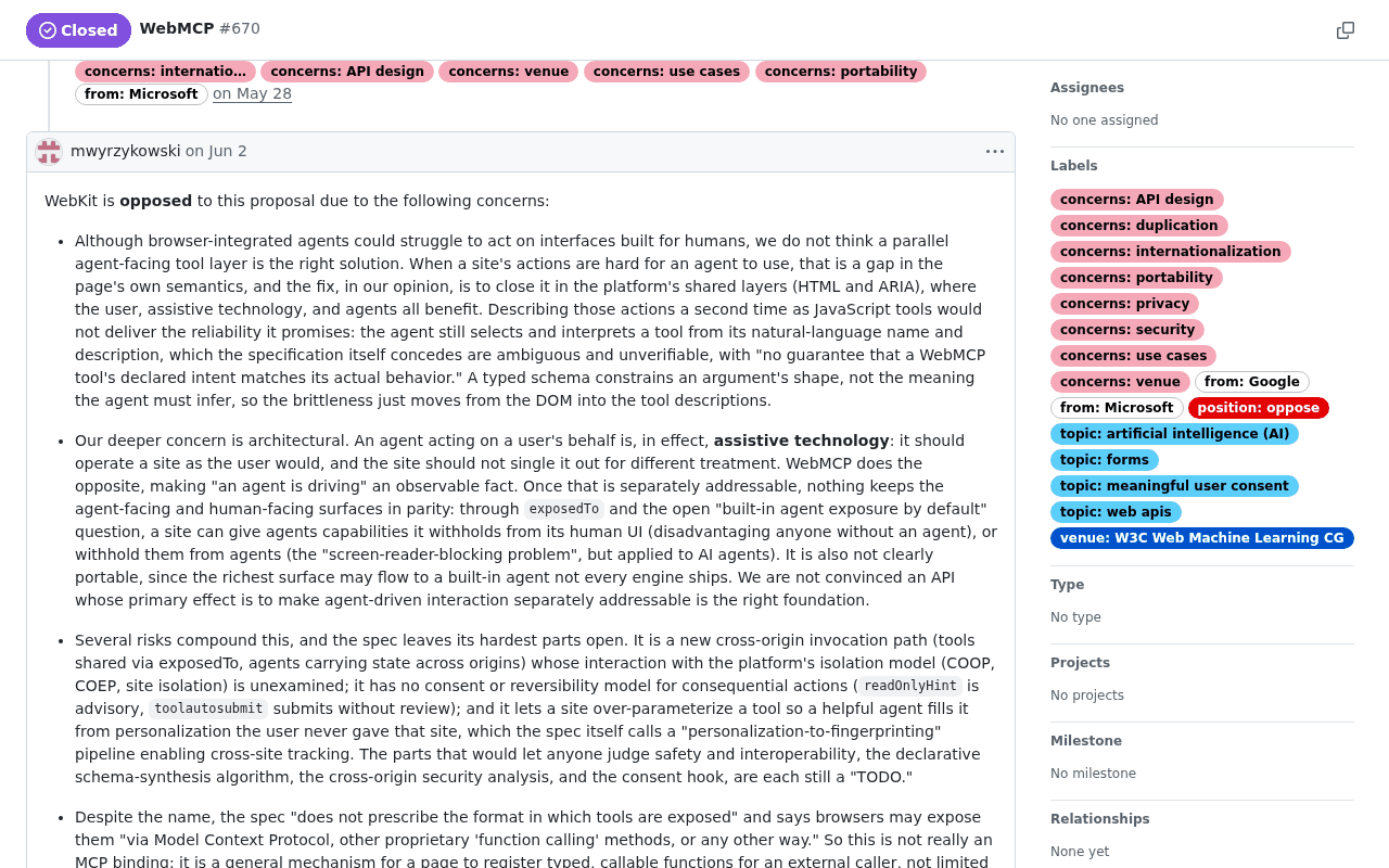 Screenshot of the WebKit comment opposing WebMCP, with the bolded phrase assistive technology in the sentence that an agent acting on a user’s behalf is, in effect, assistive technology, plus the paragraph on exposedTo and the screen-reader-blocking problem