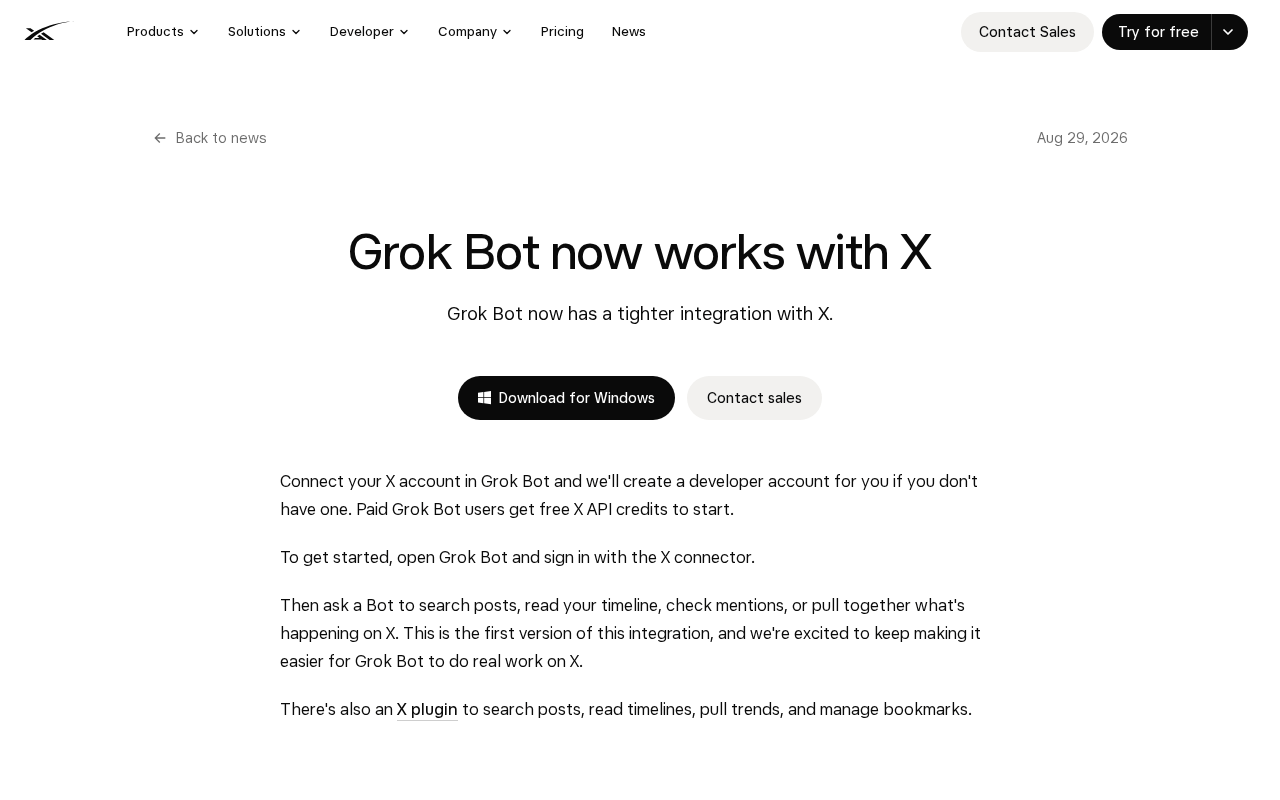 Screenshot of the SpaceXAI news post Grok Bot now works with X, dated Aug 29, 2026, saying that connecting an X account creates a developer account, that paid users get free X API credits, and that a Bot can search posts, read the timeline, check mentions or pull together what is happening on X