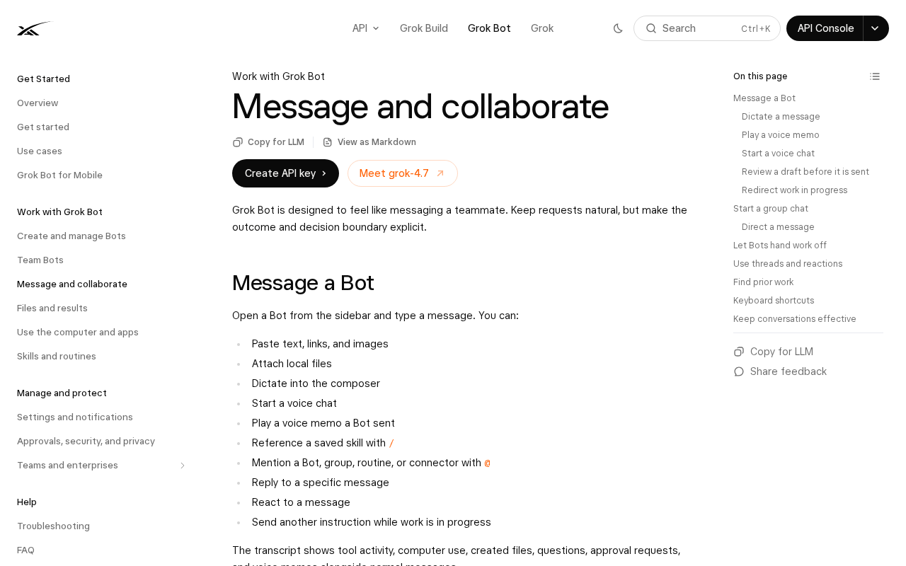 Screenshot of the SpaceXAI Docs page Message and collaborate for Grok Bot, listing ways to message a Bot, including mentioning a Bot, group, routine or connector with @, and an on-this-page entry titled Review a draft before it is sent