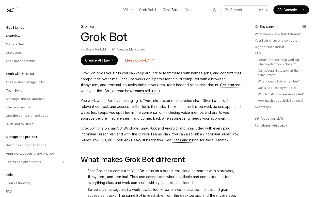 Grok Bot documentation page on SpaceXAI Docs, titled Grok Bot, describing Bots as AI teammates that each work on a persistent cloud computer with a browser, filesystem and terminal, with the sidebar listing Team Bots, Use the computer and apps, and Approvals, security, and privacy