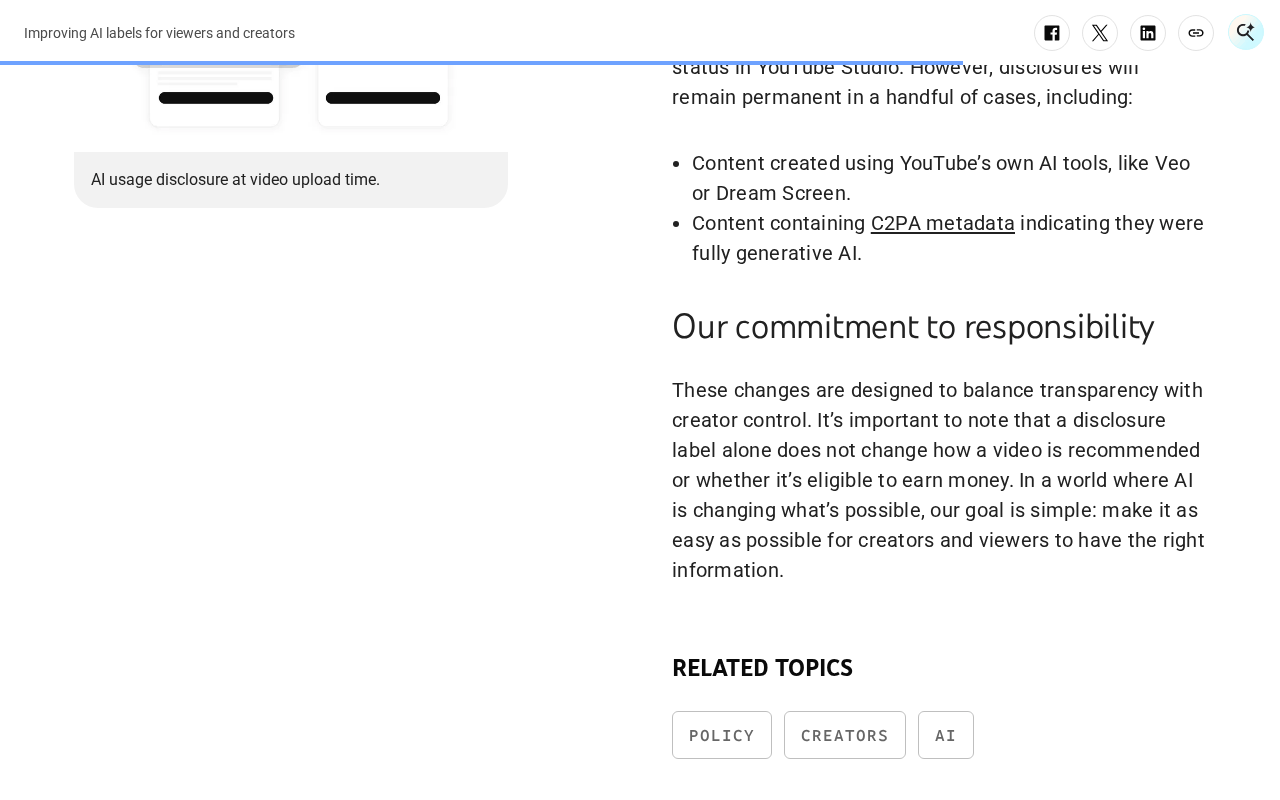 Screenshot of the YouTube Official Blog post scrolled to the passage saying disclosures remain permanent for content made with YouTube’s own AI tools or containing C2PA metadata showing it is fully generative, and that a disclosure label alone does not change how a video is recommended or whether it can earn money