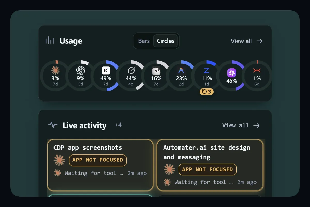 Live activity: which agent is working, and which one needs an answer.