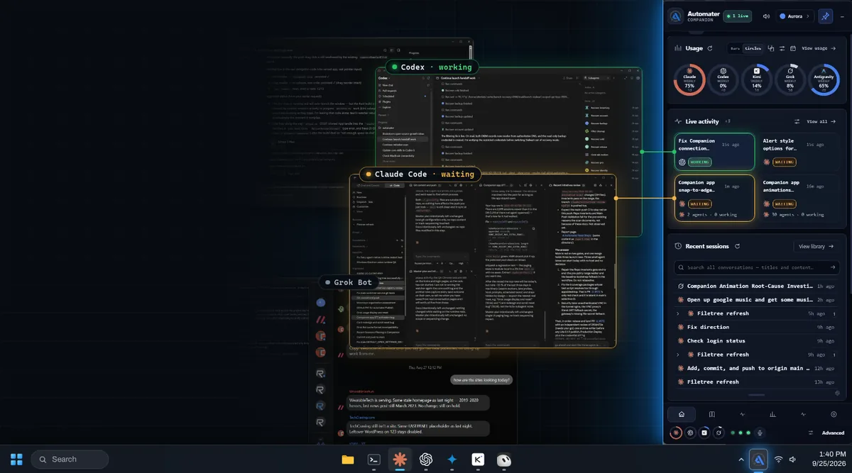 Every agent on the desktop, one panel in the tray: Codex is working while Claude Code waits on you.