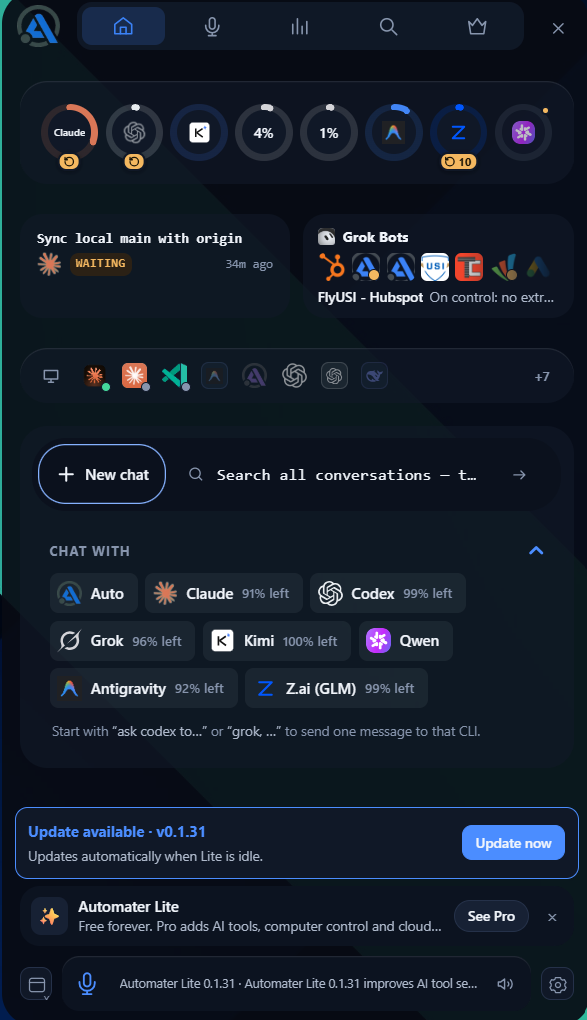 The Lite Home tab with Chat With open: a provider chip for each engine with what is left on its plan