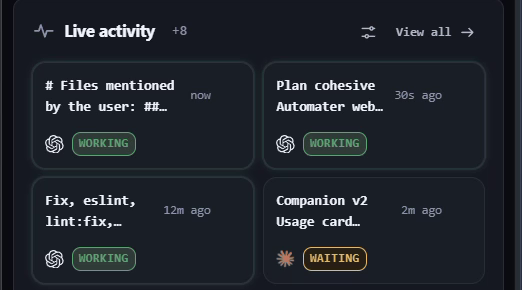 Automater Lite Live activity card: four agent cards showing working and waiting states with per-provider marks.