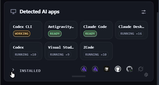 Automater Lite Detected AI apps card: Codex CLI, Antigravity, Claude Code, Claude Desktop, Visual Studio and ZCode with working, ready and running badges.