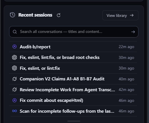 Automater Lite Recent sessions card: a search field across all conversations and seven recent AI sessions with provider marks and timestamps.