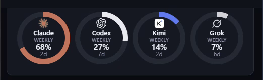 Automater Lite Usage card: weekly quota rings for Claude at 68 percent, Codex at 27 percent, Kimi at 14 percent and Grok at 7 percent, with days remaining.