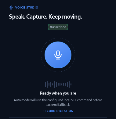 Automater Lite Free voice settings: local dictation microphone and completed transcription status.
